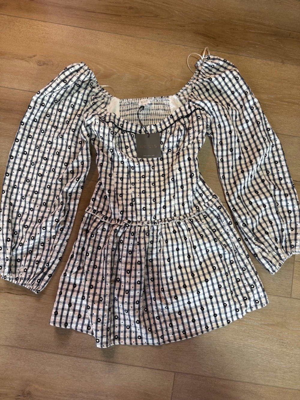 LE LIS Smocked Back Square Neck Mini Dress in Black And White- Size Small